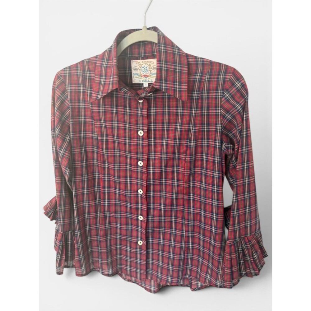 Vintage 70s Fine Garments Blue Bell Plaid Flared Cuff Blouse Size 4